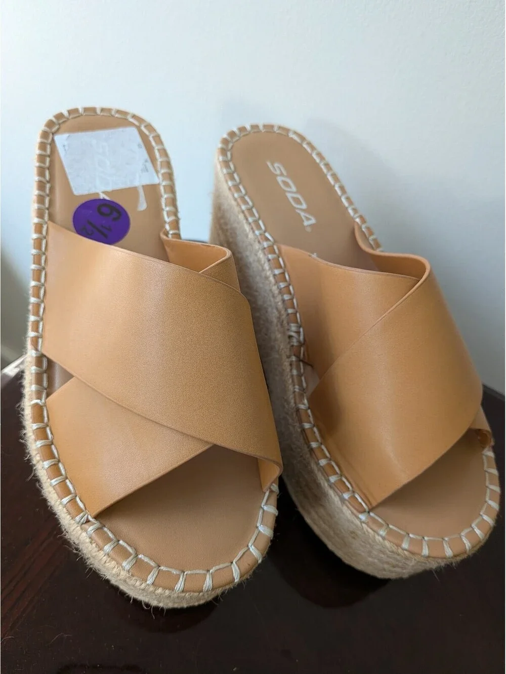 Soda Platform tan crisscross espadrille wedge slide sandals size 6.5 fall summer